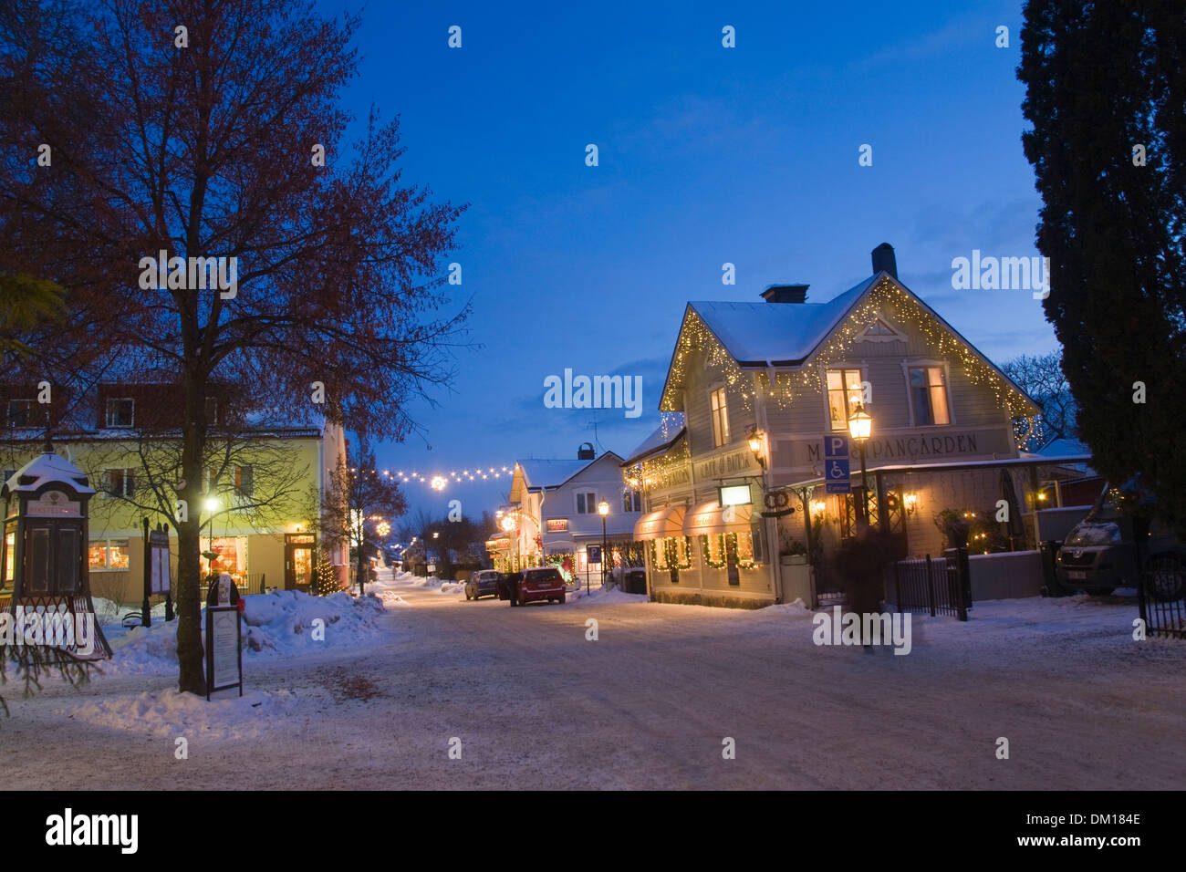 Trosa Stadt Abendlicht Weihnachtsstimmung Schweden Stockfoto