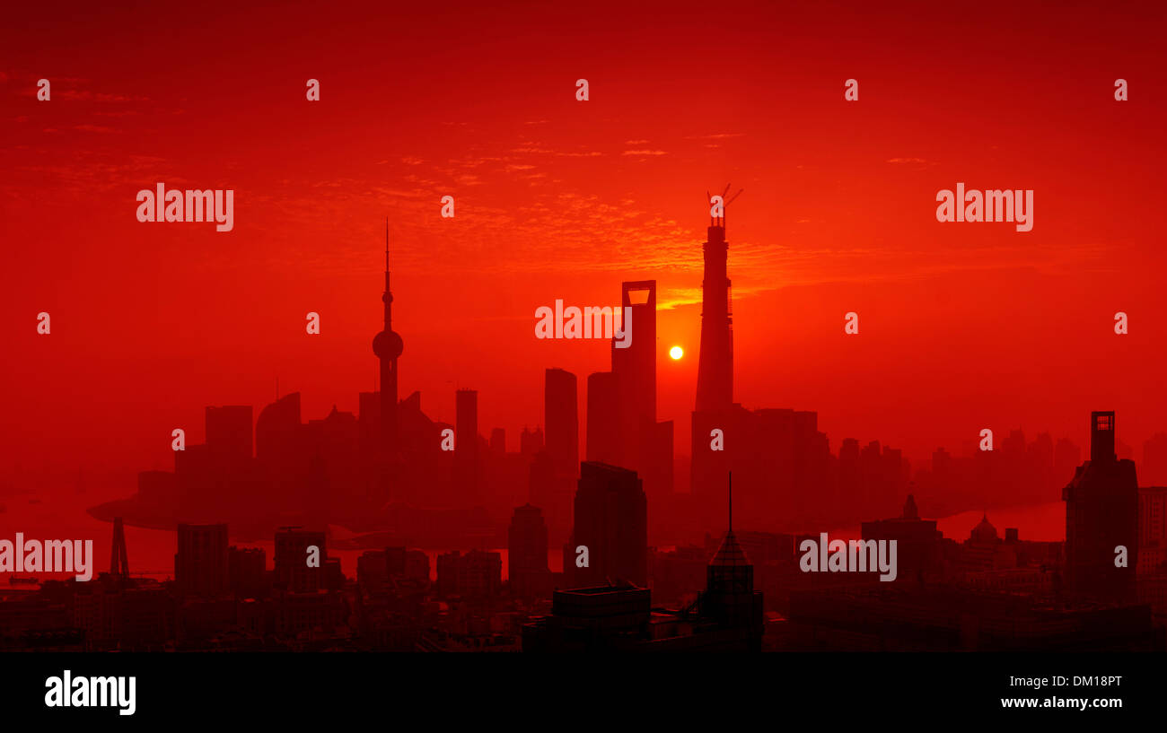 Stadtbild, Panorama, Sunrise, Pudong, Shanghai, China Stockfoto