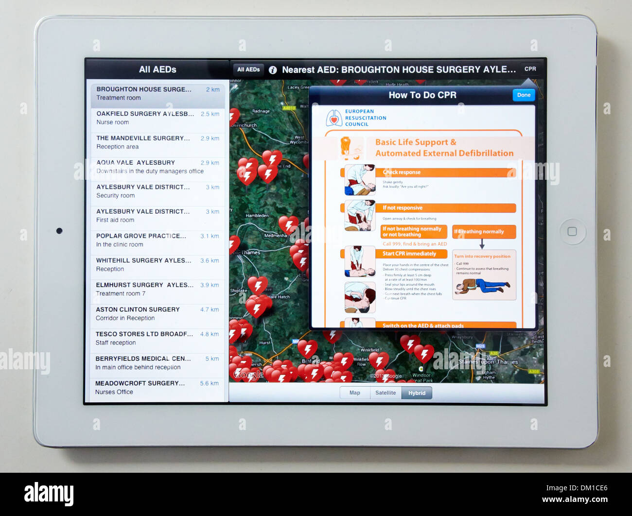 Screenshot der automatischen externen Defibrillator (AED) Locator App auf dem iPad erstellt von South Central Rettungsdienst Stockfoto