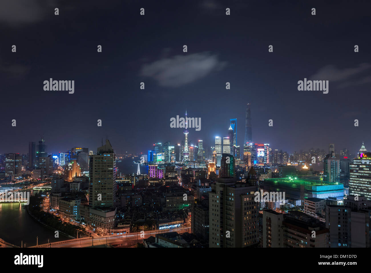 Stadtbild, Panorama, Pudong, Abend, Shanghai, China Stockfoto