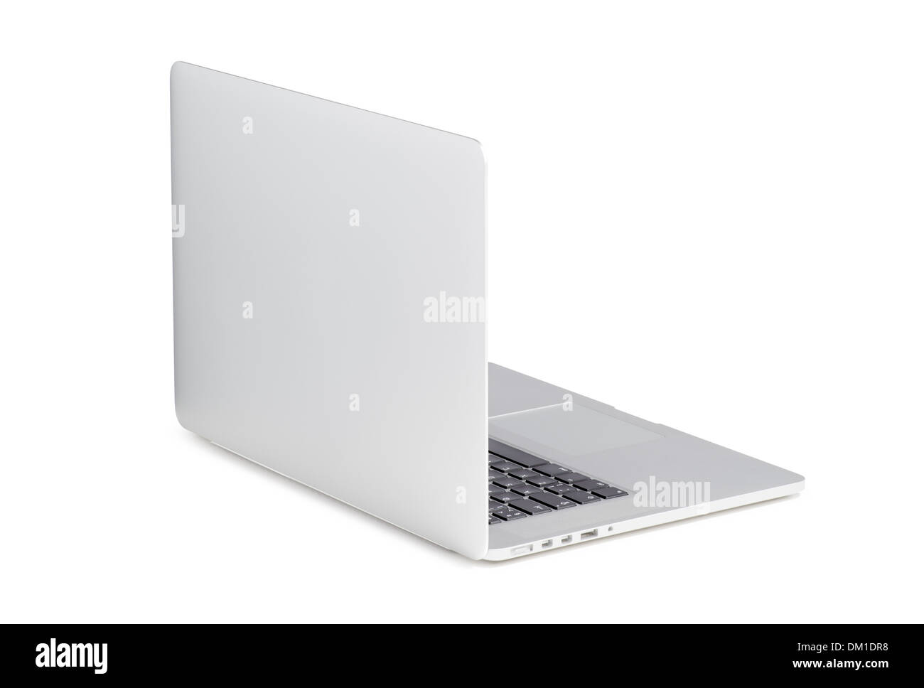 Rückansicht eines gedrehten in einem leichten Winkel modernen Laptop isoliert auf weißem Hintergrund. Hohe Qualität. Stockfoto