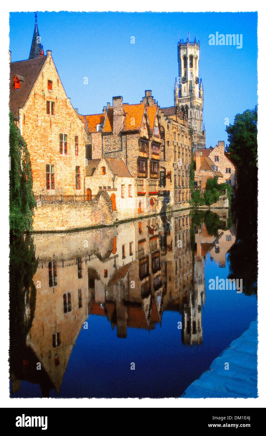 Spiegelungen des Belfry im Kanal, Stadt Brügge, Belgien. Stockfoto