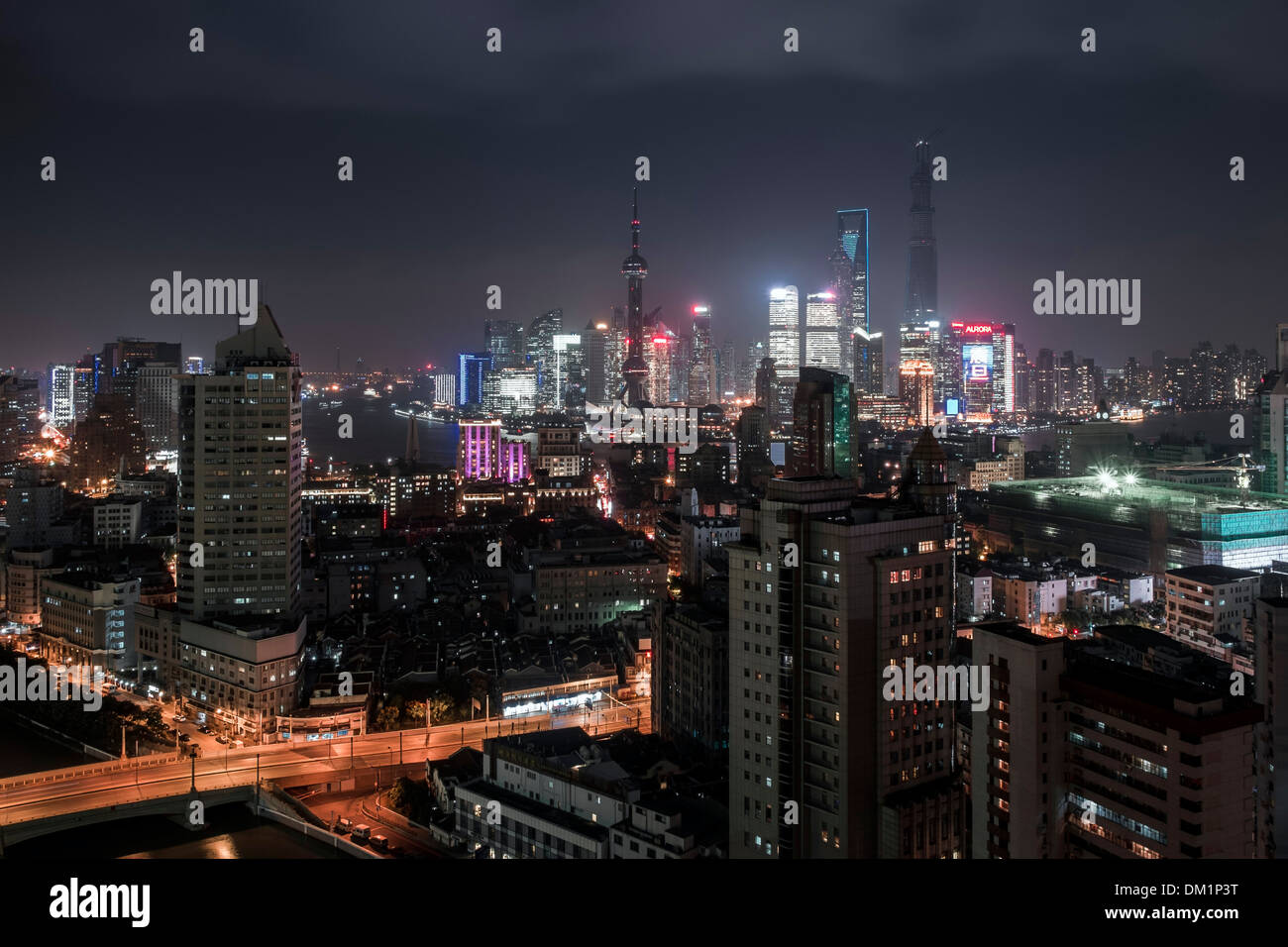 Stadtbild, Panorama, Pudong, Abend, Shanghai, China Stockfoto