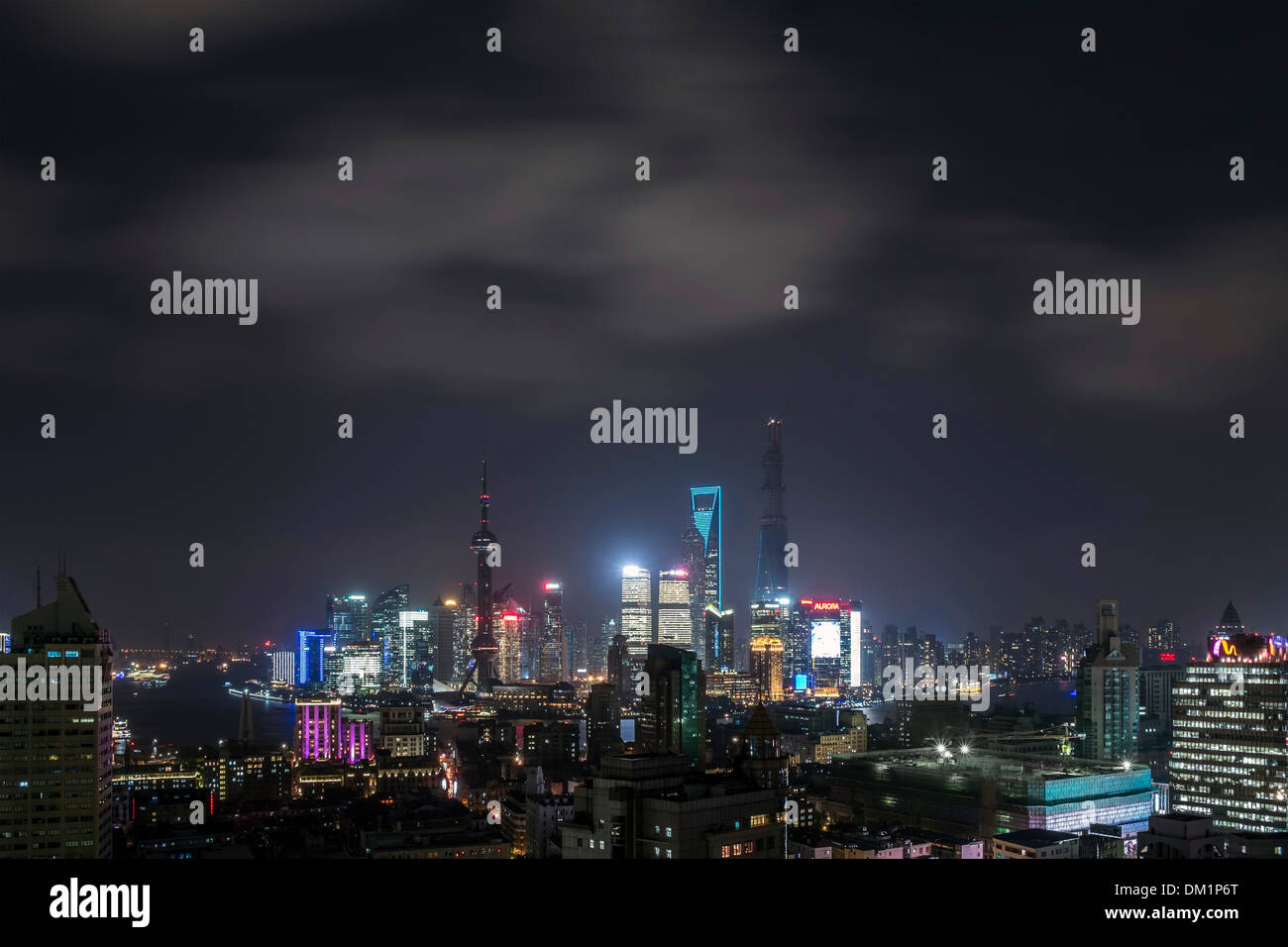 Stadtbild, Panorama, Pudong, Abend, Shanghai, China Stockfoto