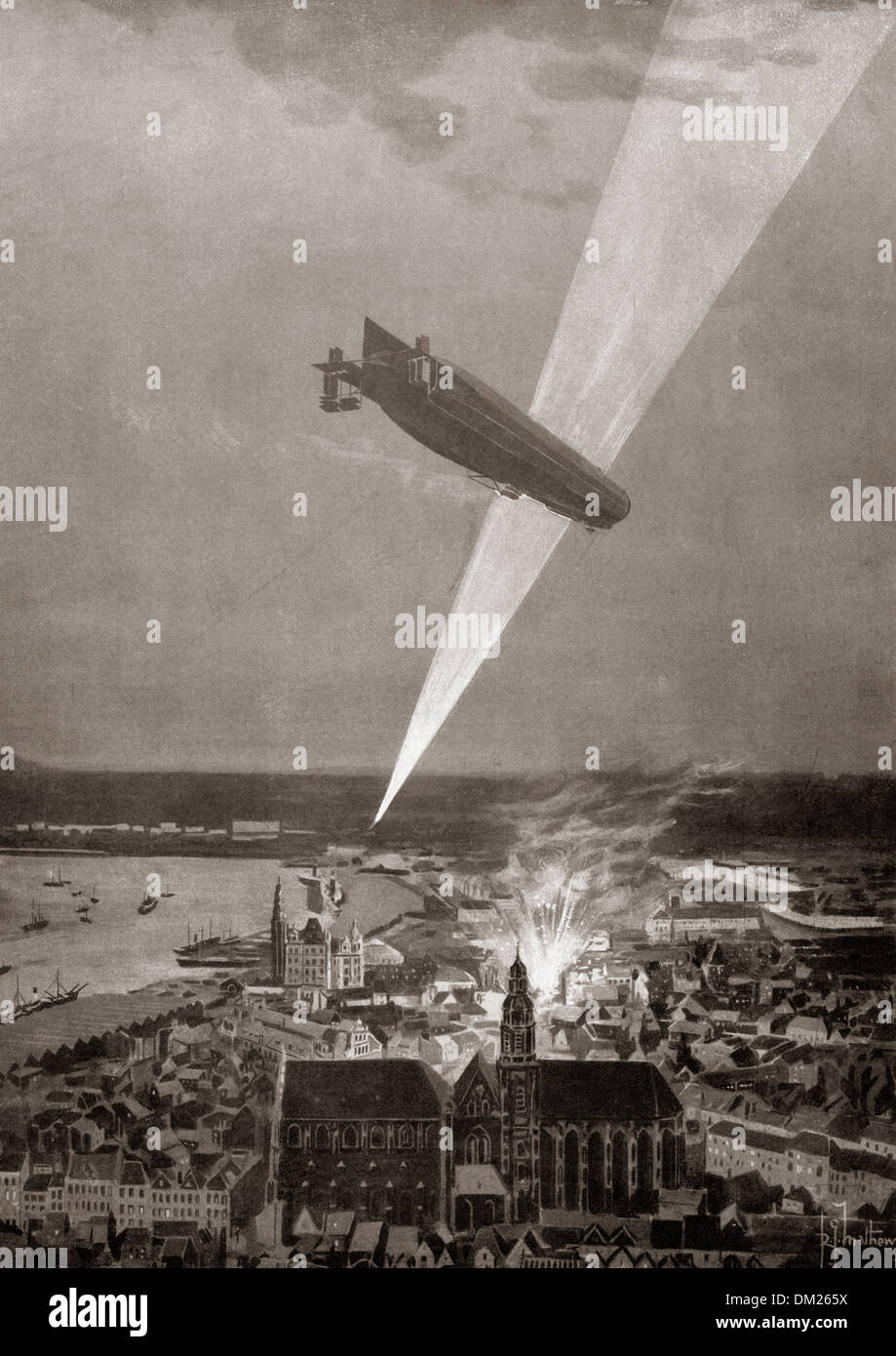 Die Zeppelin-Bombardierung von Antwerpen, Belgien, August 1914, unter Missachtung der Haager Konvention. Stockfoto