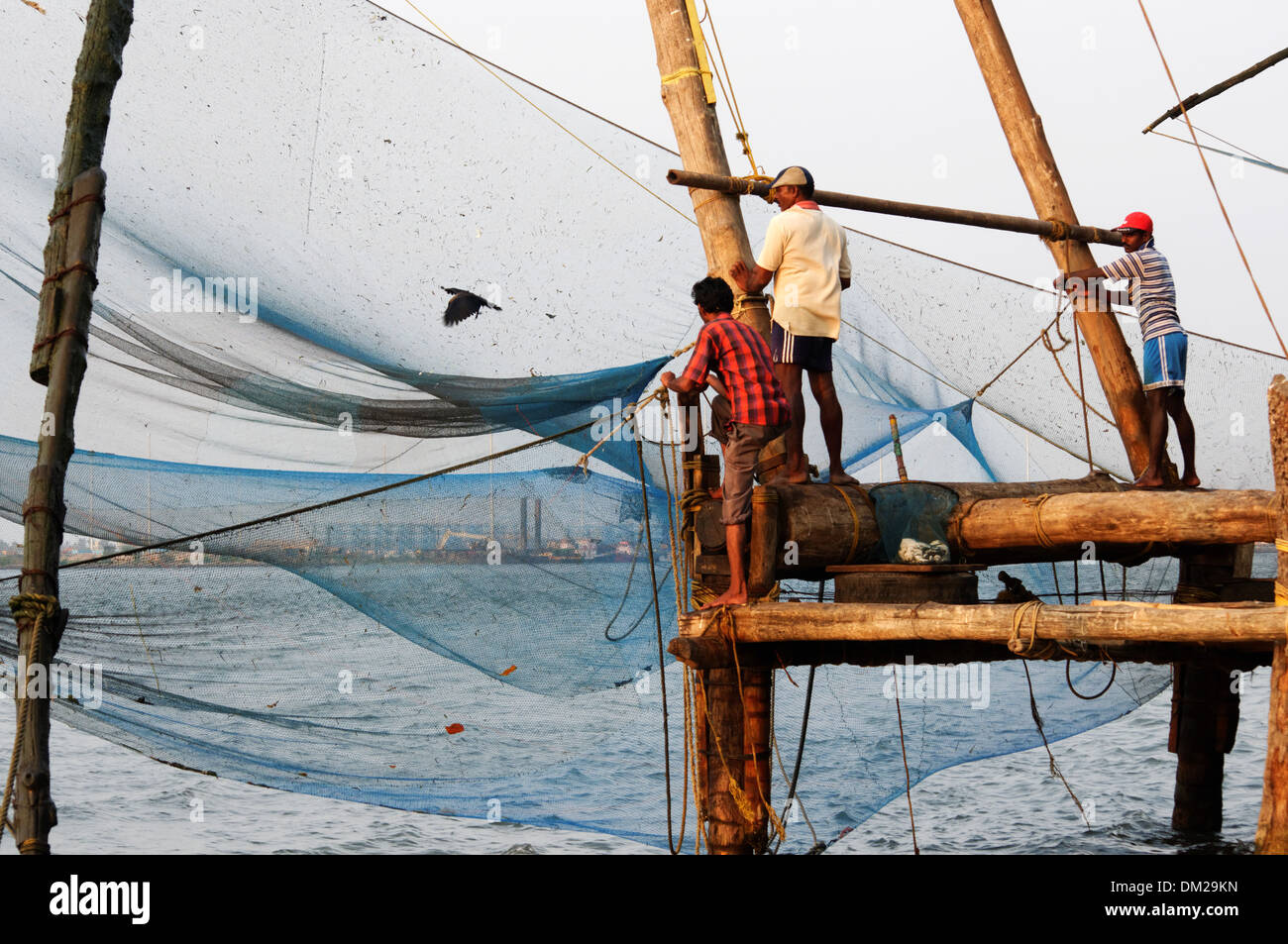 Die berühmten chinesischen Fischernetze in Kochin in Indien Stockfoto