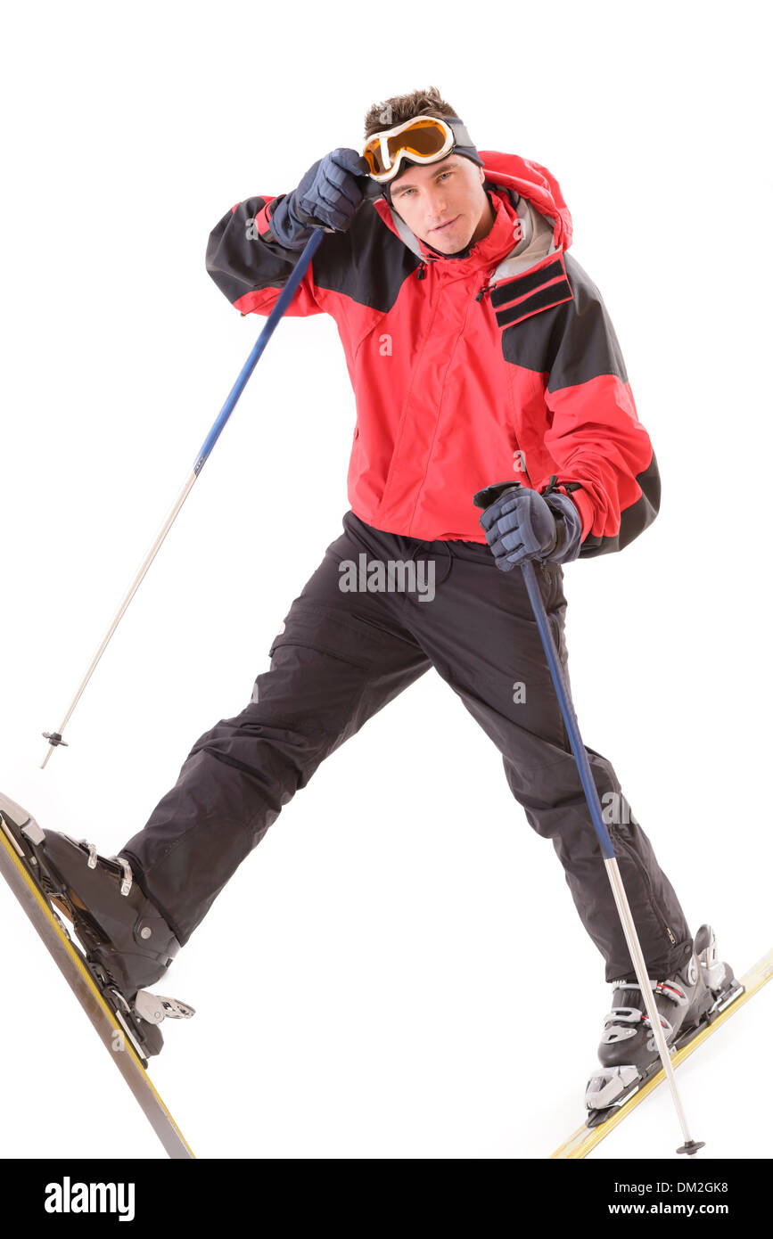 Mann im Skianzug isoliert auf weiss Stockfoto