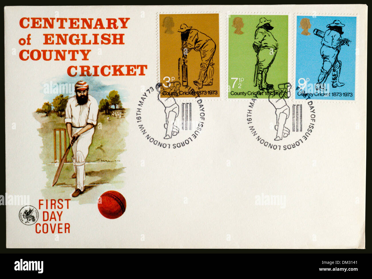 1973 erste Abdeckung Tages zum Gedenken an die Hundertjahrfeier des englischen County Cricket. Poststempel auf Lords. Stockfoto