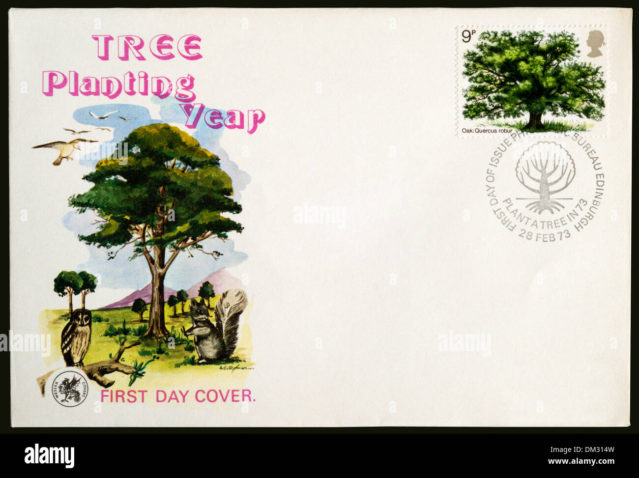 1973 erste Abdeckung Tages zum Gedenken an Baum Pflanzen Jahr. Poststempel mit dem Slogan "Plant A Tree in 73". Stockfoto
