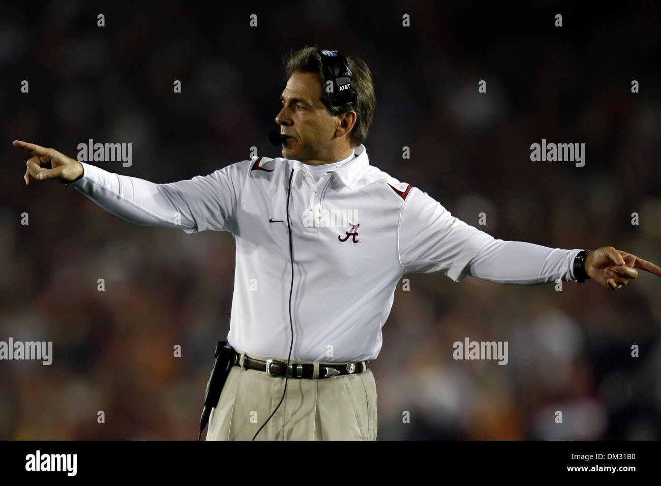 Alabama Head Coach Nick Saban während der 2010 BCS National Championship Game statt, in der Rose Bowl in Pasadena, CA. (Credit-Bild: © Don Montague/Southcreek Global/ZUMApress.com) Stockfoto