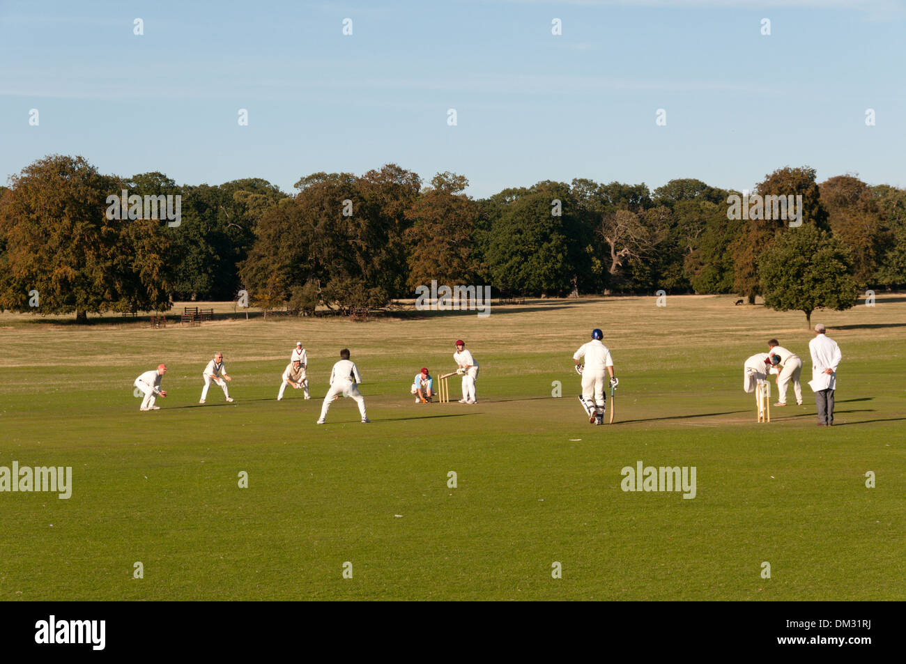 Holkham Cricket Club spielen auf ihren Boden in den Park von Holkham Hall, North Norfolk. Stockfoto