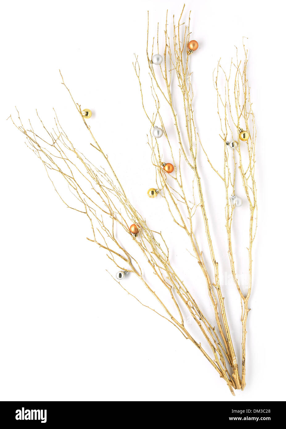 Weihnachten-Zweig gemalt Gold, geschnitten auf weißem Hintergrund Stockfoto
