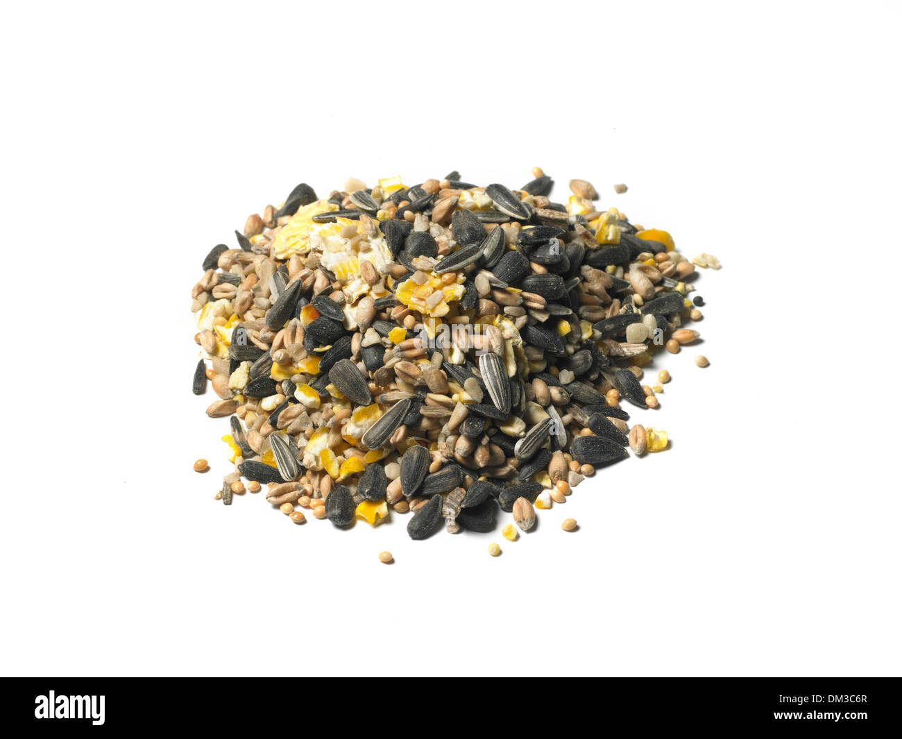 Tabelle Samen Vogel Essen Mischung auf weißem Hintergrund ausschneiden Stockfoto
