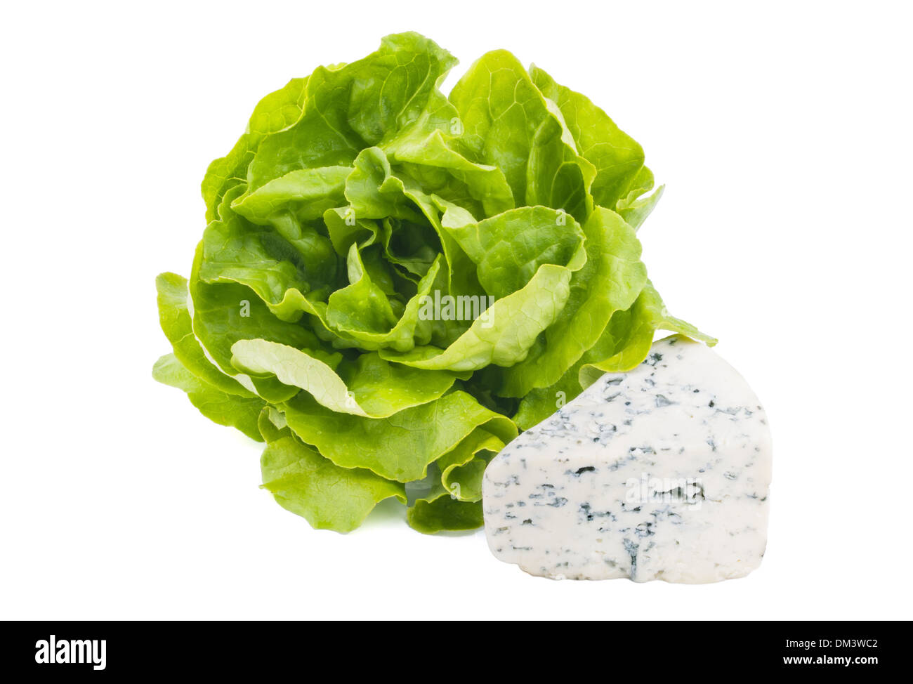 Salatblätter und Käse mit Blauschimmel, isoliert auf weiss Stockfoto