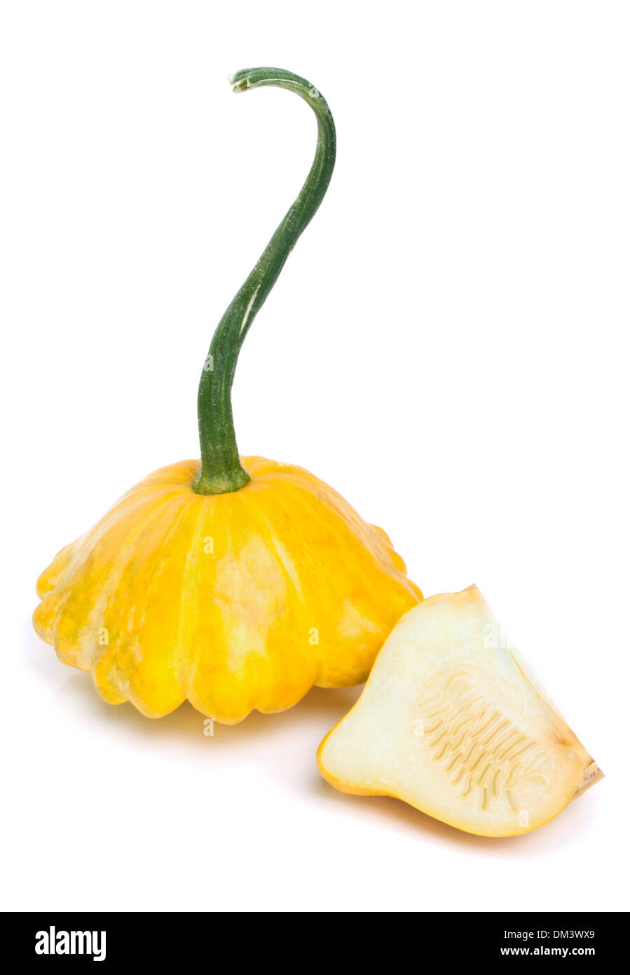 Gelber Pattypan Kürbis auf weißem Hintergrund Stockfoto