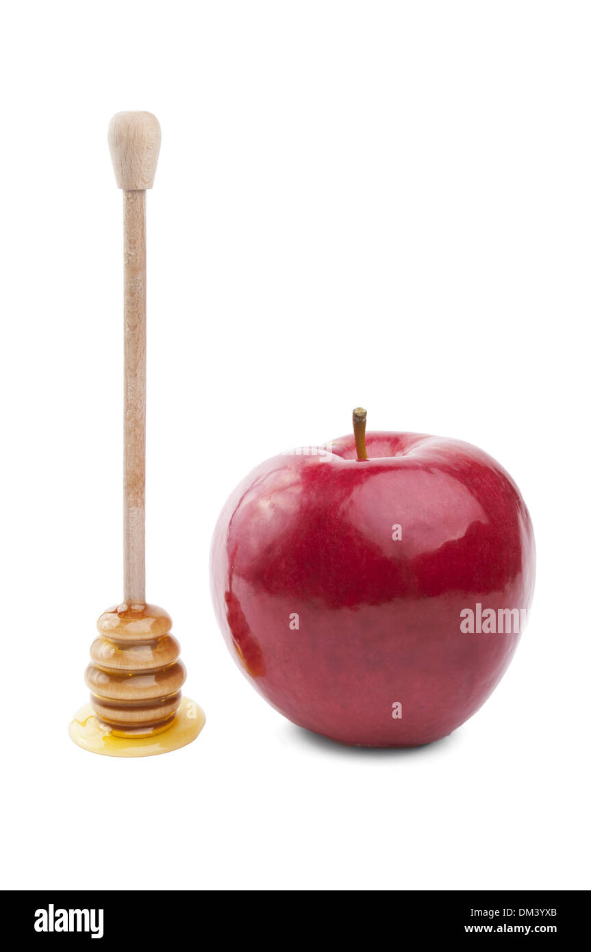 Apfel und Honig, isoliert auf weißem Hintergrund Stockfoto