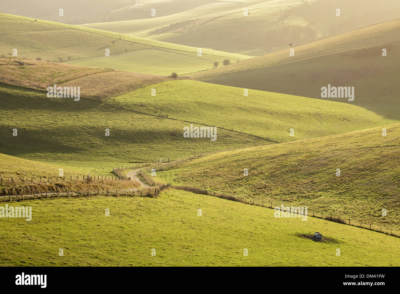 Abendlicht beleuchtet die ineinandergreifenden Hügel der South Downs in der Nähe von Lewes in East Sussex Stockfoto