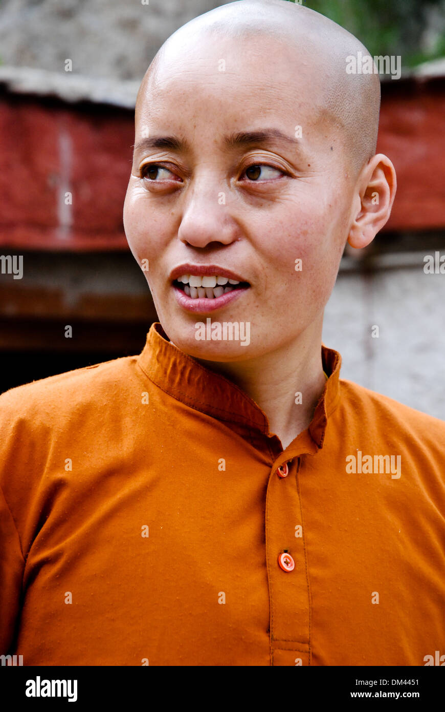 Ladakh, Indien - 16. Juli 2009: eine Nonne am Julichen Nonnenkloster, voll von Frauen geleitet Stockfoto