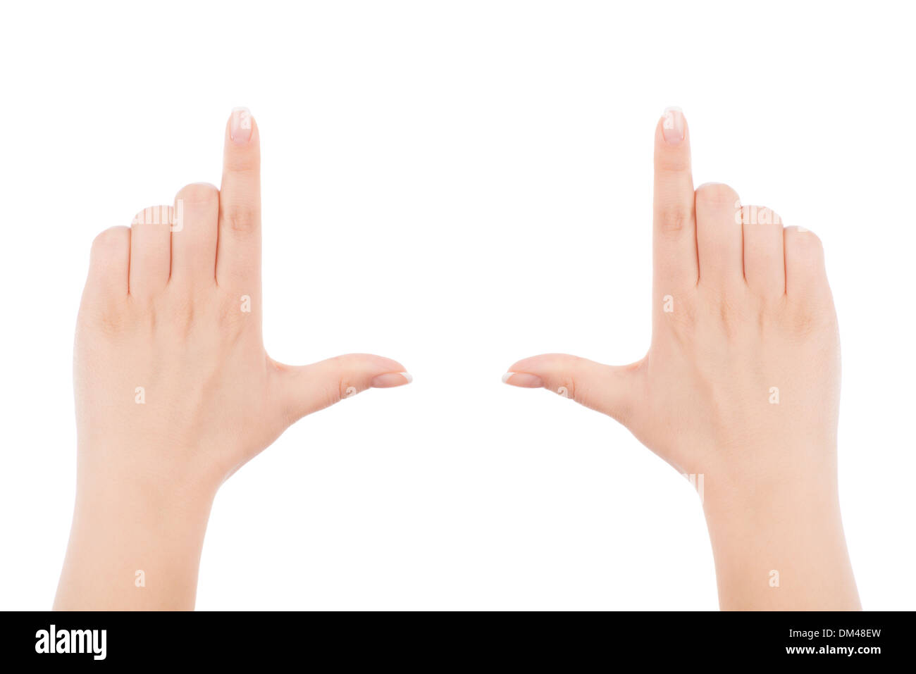 Weibliche Hände Frame Geste, isoliert auf weißem Hintergrund Stockfoto