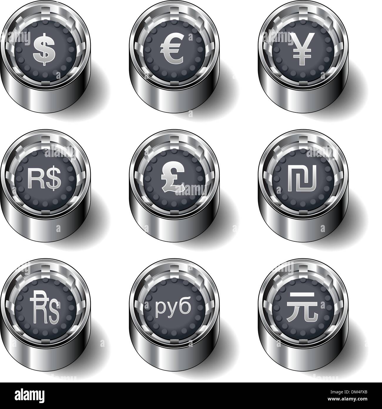 Internationale Währung Symbol Symbole auf Vektor Gummiknöpfen Stock Vektor