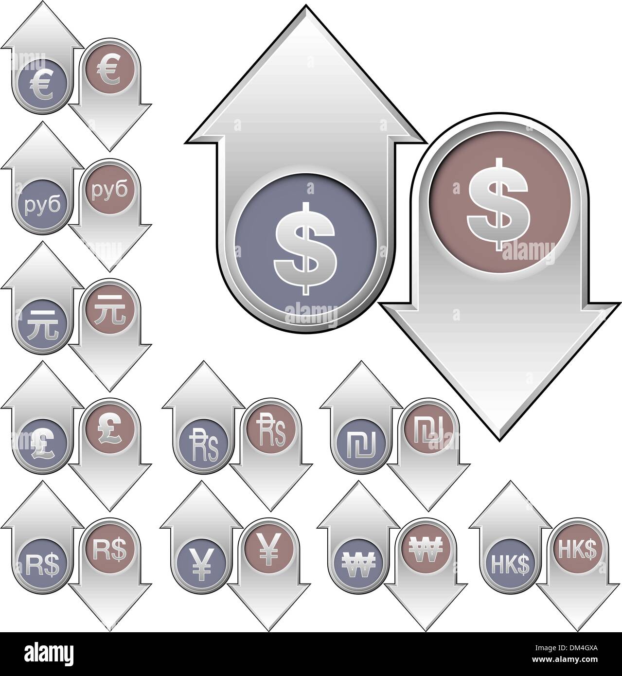 Internationale Währung Symbole auf oben und unten Pfeile Stock Vektor