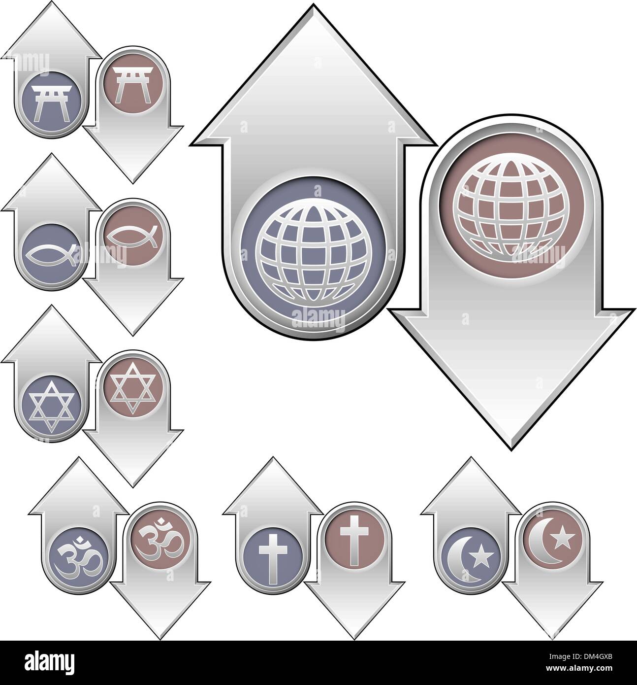Welt-Religion-Symbole auf oben und unten Pfeile Stock Vektor
