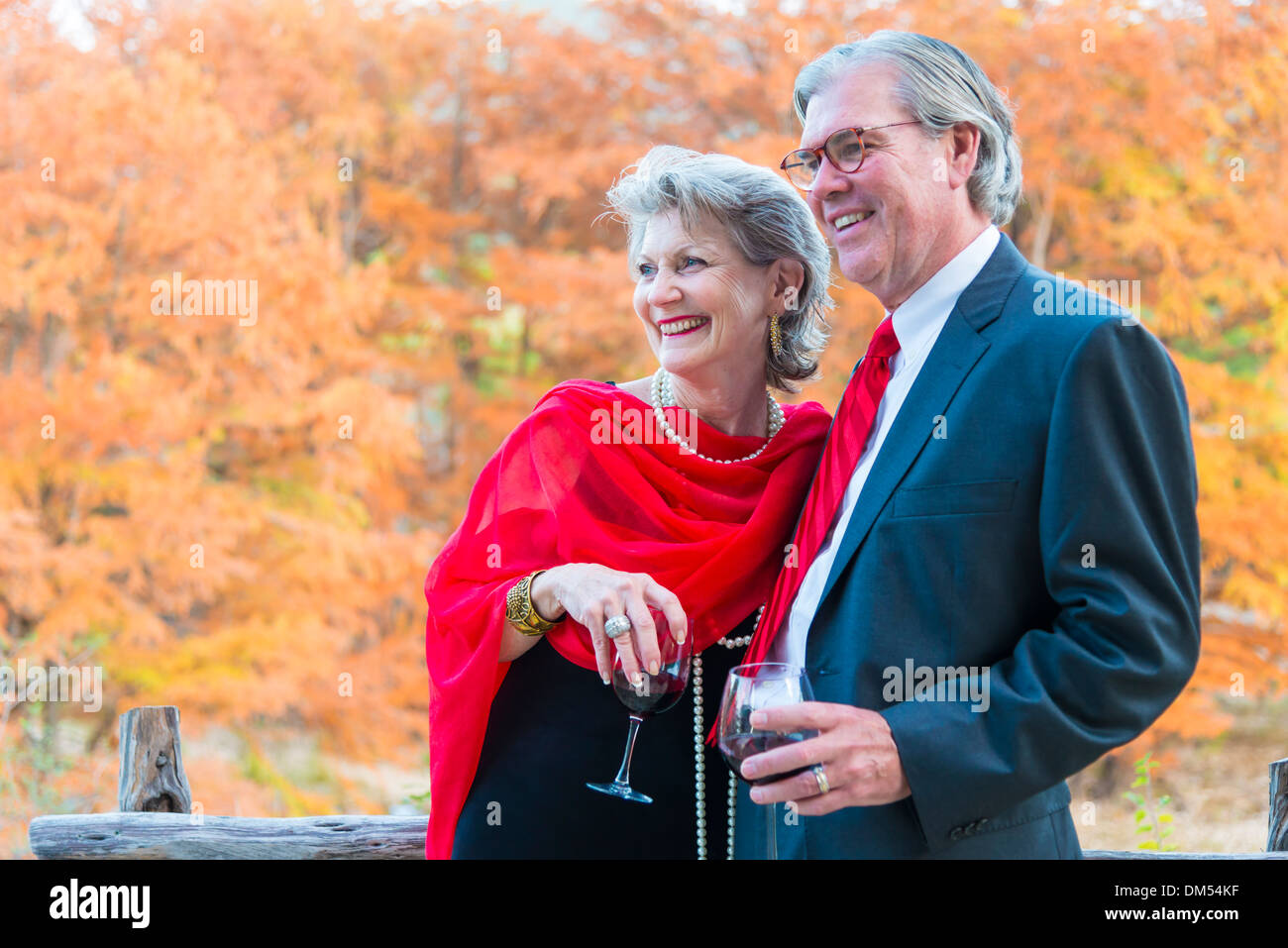 Ehepaar im Ruhestand in eleganten formale Outfit mit Kleid und Anzug genießen Sie Wein und jedes andere Unternehmen auf Outdoor-Party. Stockfoto