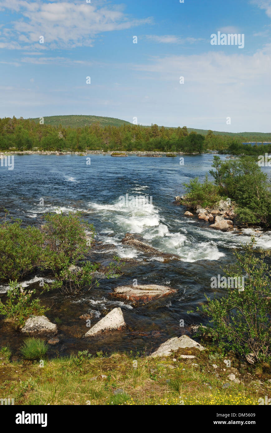 Rasche breiter Fluss im finnischen Taiga-Wald Stockfoto