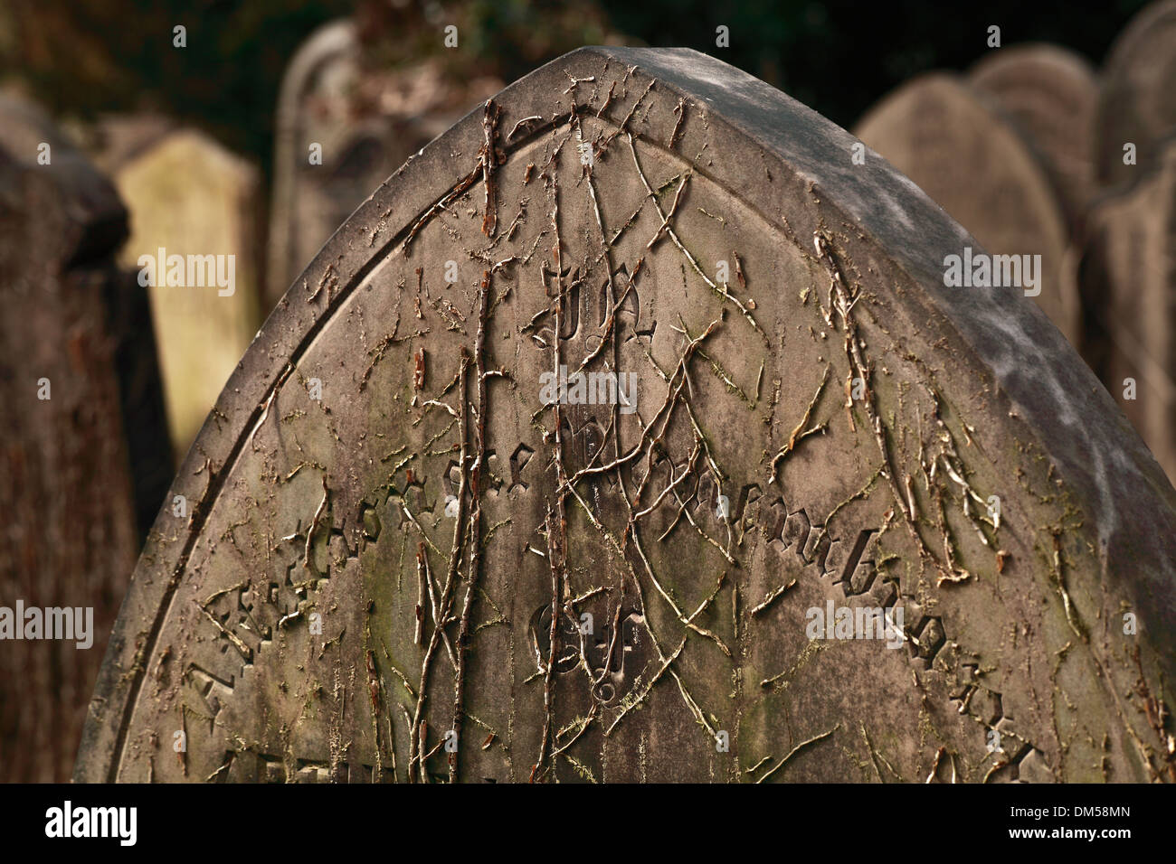 Grabstein mit Worten "Liebevolle Erinnerung" auf dem Friedhof von York Stockfoto