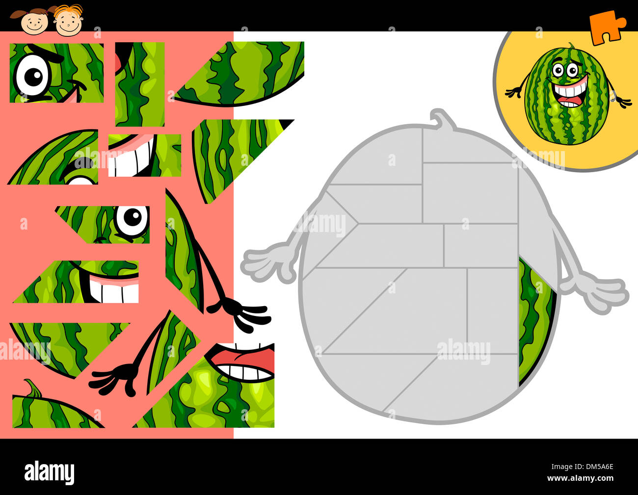 Cartoon-Illustration der Bildung Puzzle-Spiel für Kinder im Vorschulalter mit lustigen Wassermelone Obst Charakter Stockfoto