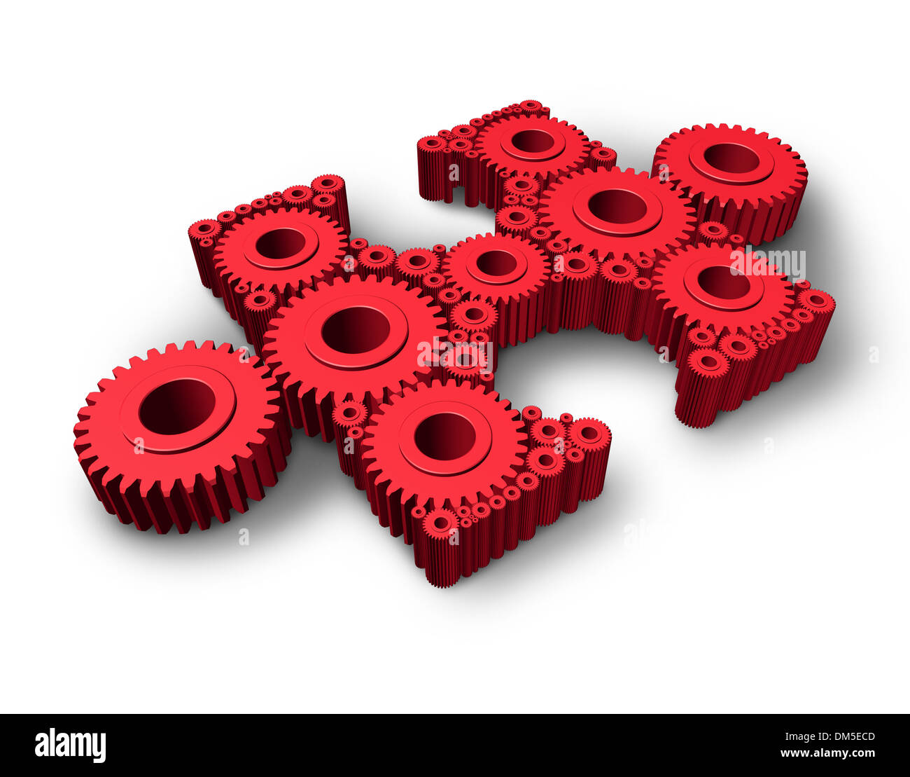 Fehlende Stück Wirtschaft und Industrie Konzept mit einer unabhängigen drei dimensionale rote Jigsaw Puzzle Teil aus Getriebe und Zahnräder zusammen als ein Symbol für IT-Lösungen und Know-how bei der Lösung von Problemen verbunden. Stockfoto