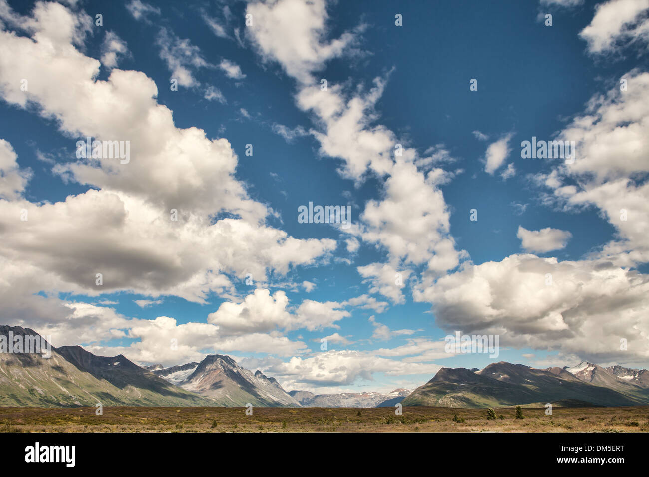 Wolkenformationen im Sommer über Wildnis-Berge im Yukon-Territorium im Sommer. Stockfoto