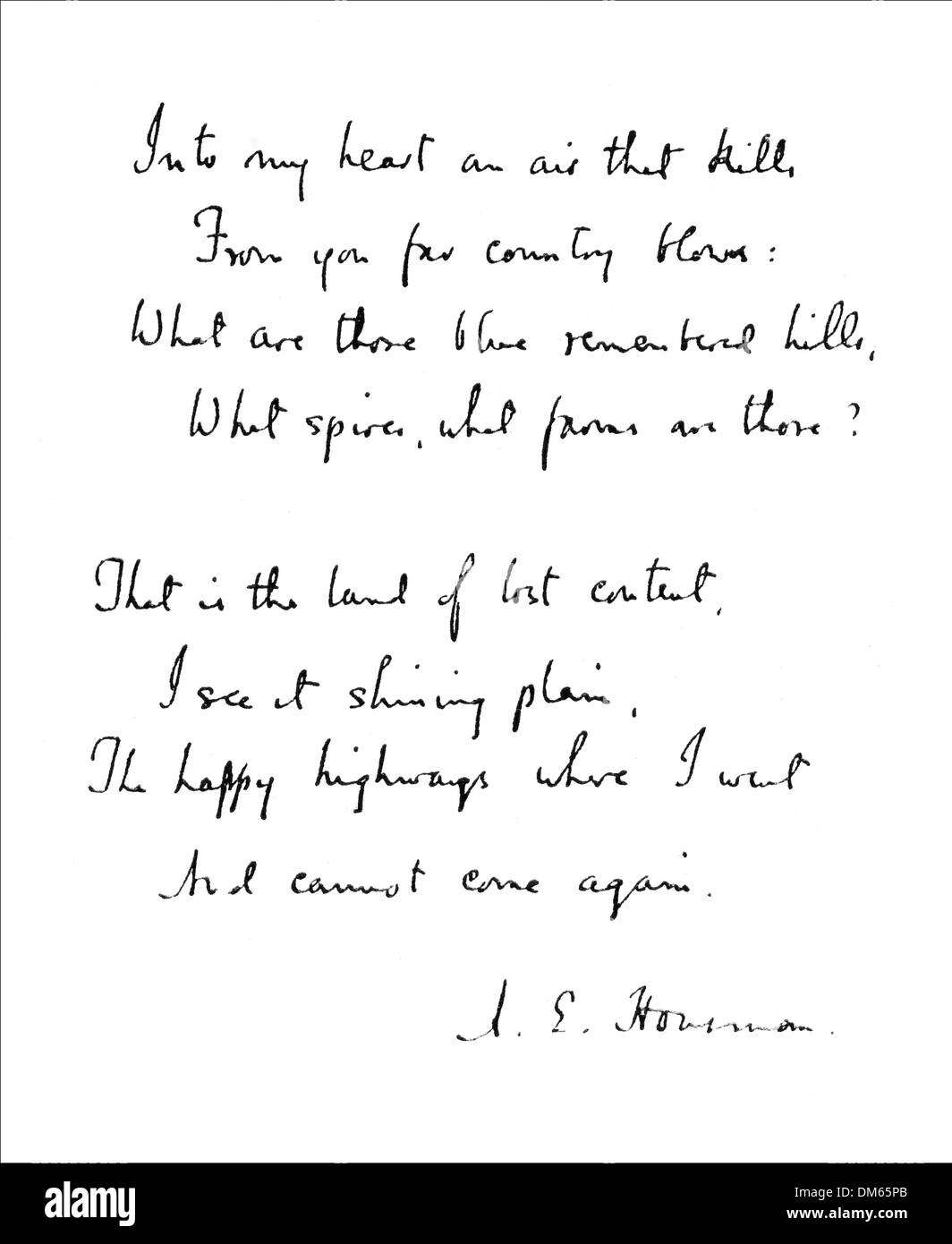A. E. Houseman. „A Shropshire Lad“ (Auszug). Signiertes Gedicht in eigener Handschrift (Faksimile) Stockfoto