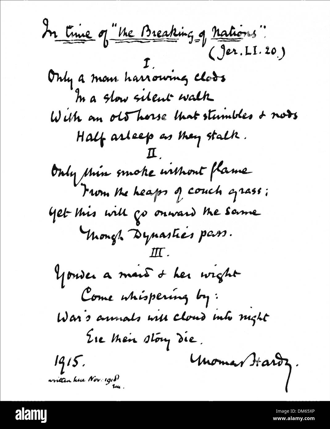 Thomas Hardy. Völkerbruch. Signiertes Gedicht in seiner eigenen Handschrift (Faksimile). Stockfoto