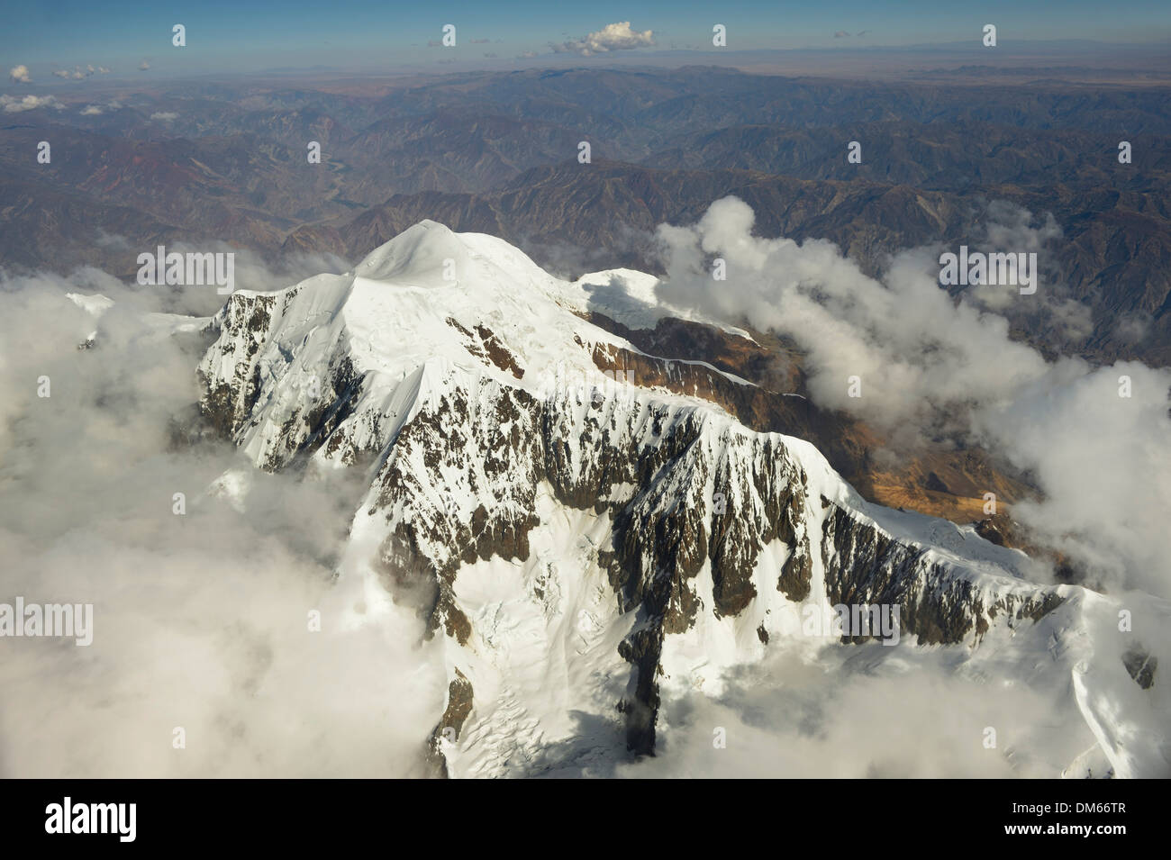 Höhepunkt des Gletschers Illimani 6439 m, Blick aus einem Flugzeug, Departamento La Paz, Bolivien Stockfoto
