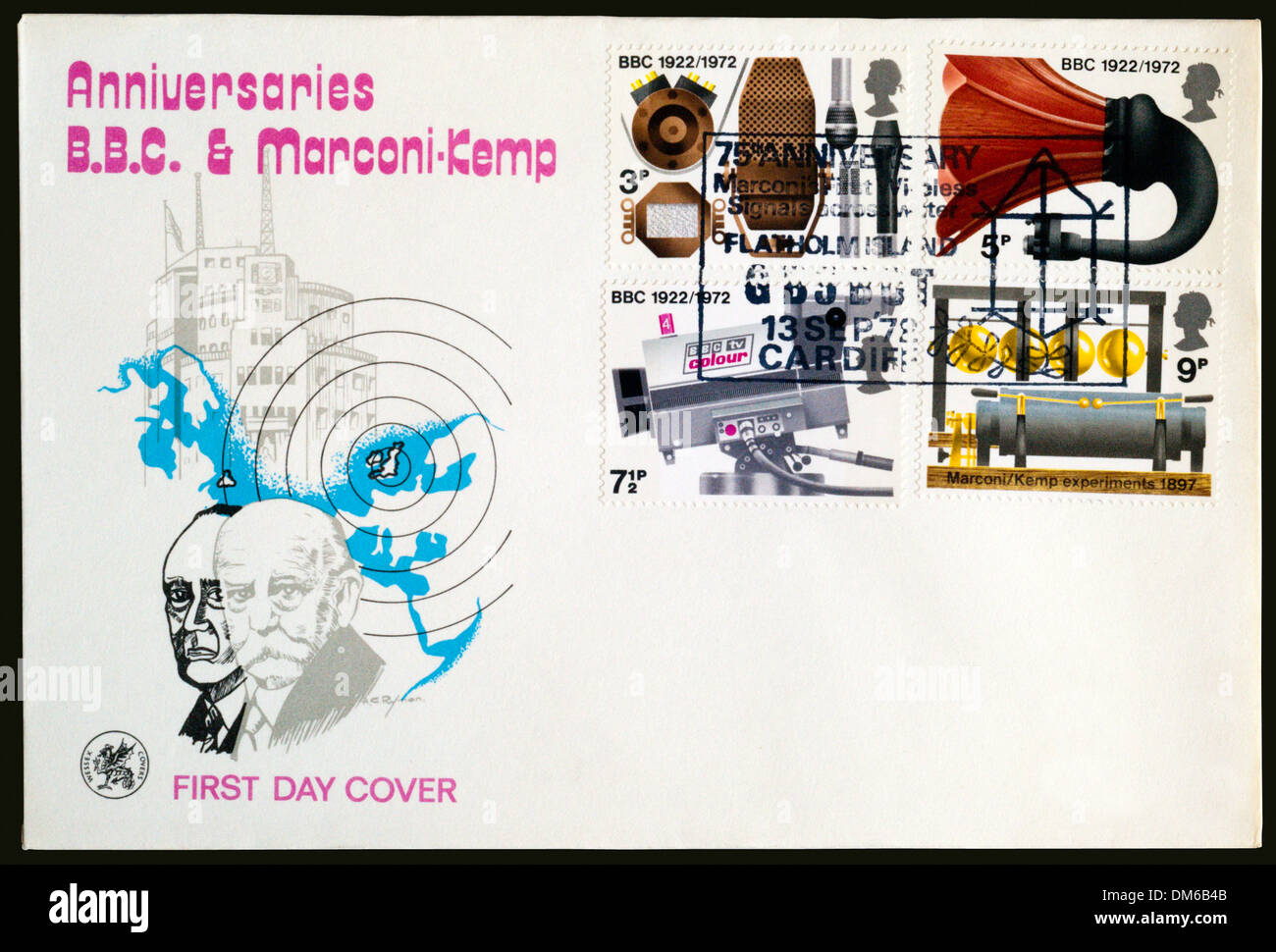 1972 erste Tag decken Sie zur Erinnerung an Jahrestage von BBC und Marconi-Kemp, Poststempel auf Flatholm Island. Stockfoto