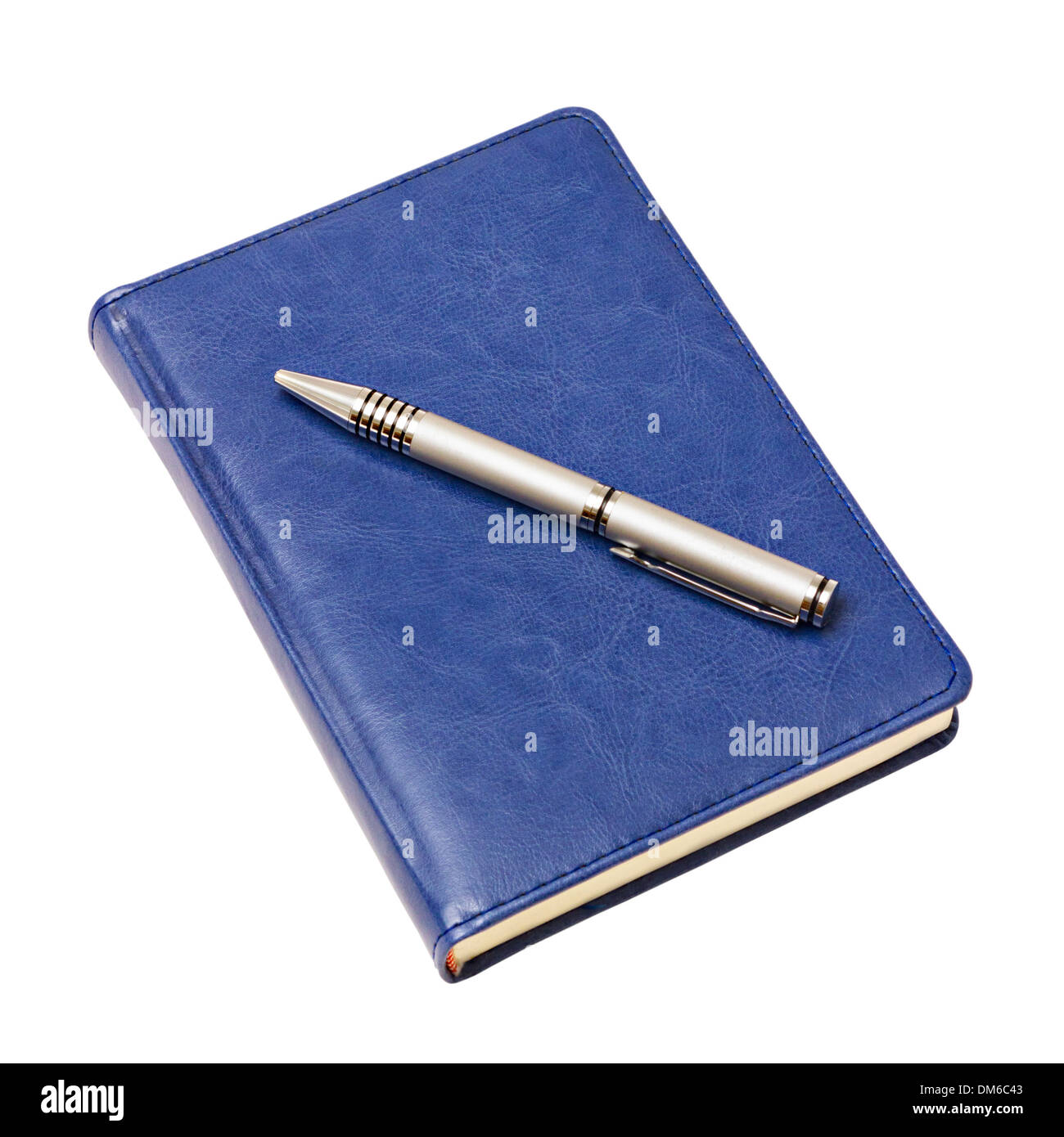 blaue Tagebuch und Stift isoliert auf weißem Hintergrund Stockfoto