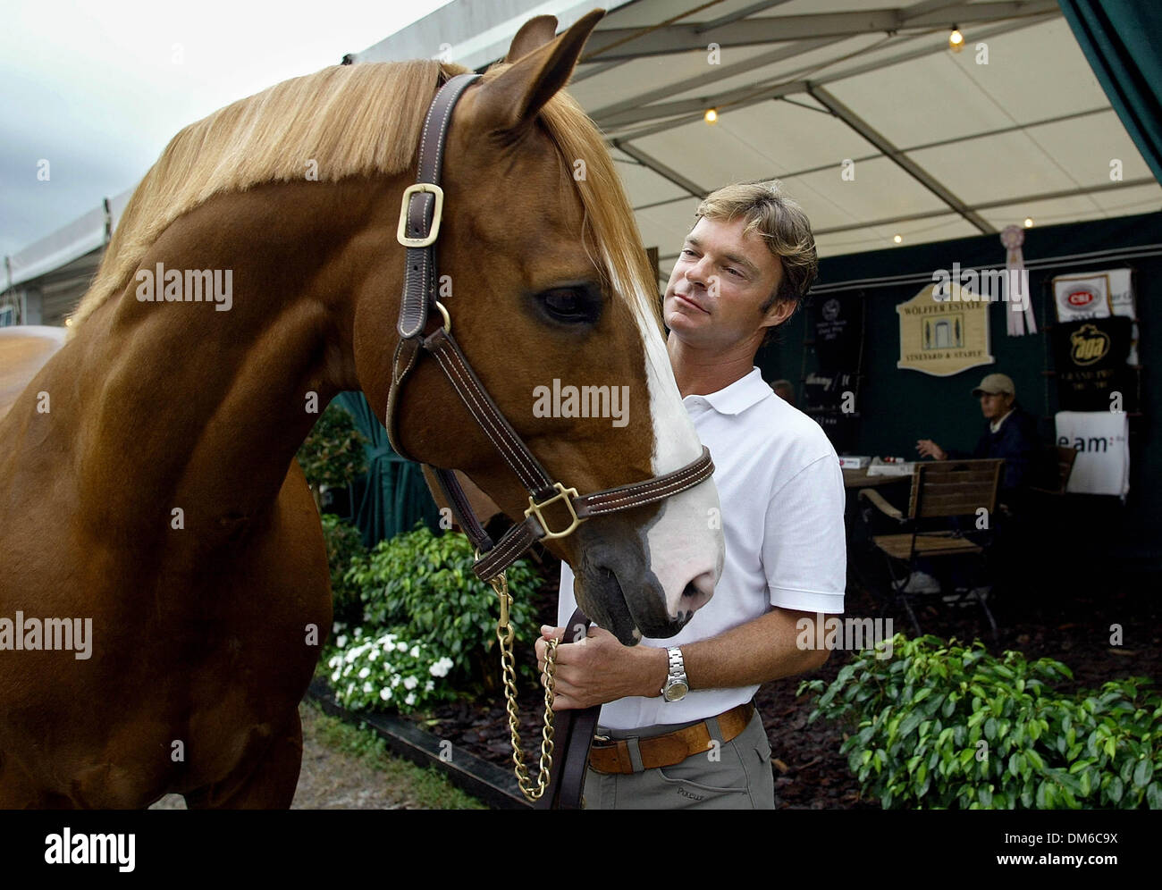 25. Februar 2005; Wellington, FL, USA; Federico Sztyrle: Grand Prix Ridder FEDERICO SZTYRLE, gezüchtet 40 mit seinem zehn Jahre alten deutschen Hengst Fatalis Fatum, Sohn des berühmten Fox Vergnügens, in der Palm Beach Polo Reitklub, Freitag, 25 Februar, 05 in Wellington. Sztyrle ursprünglich aus Buenos Aires, hat befreien, seit achtzehn Jahren. Den letzten acht Jahren hat er für Wšlffer E geritten Stockfoto