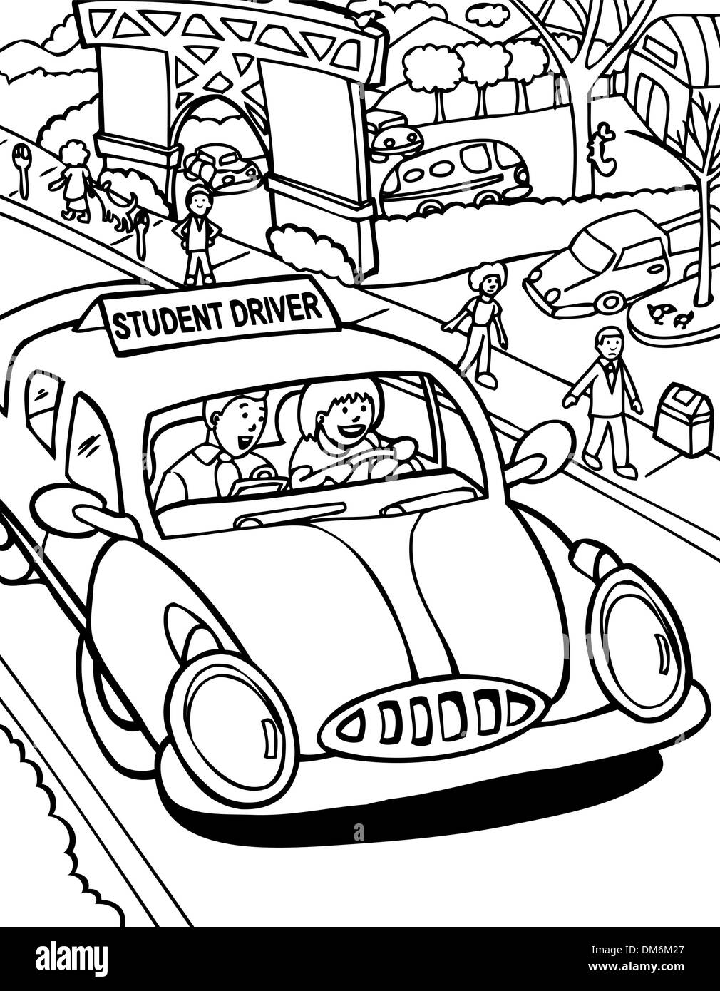 Student-Treiber mit Instruktor - schwarz / weiß Stock Vektor
