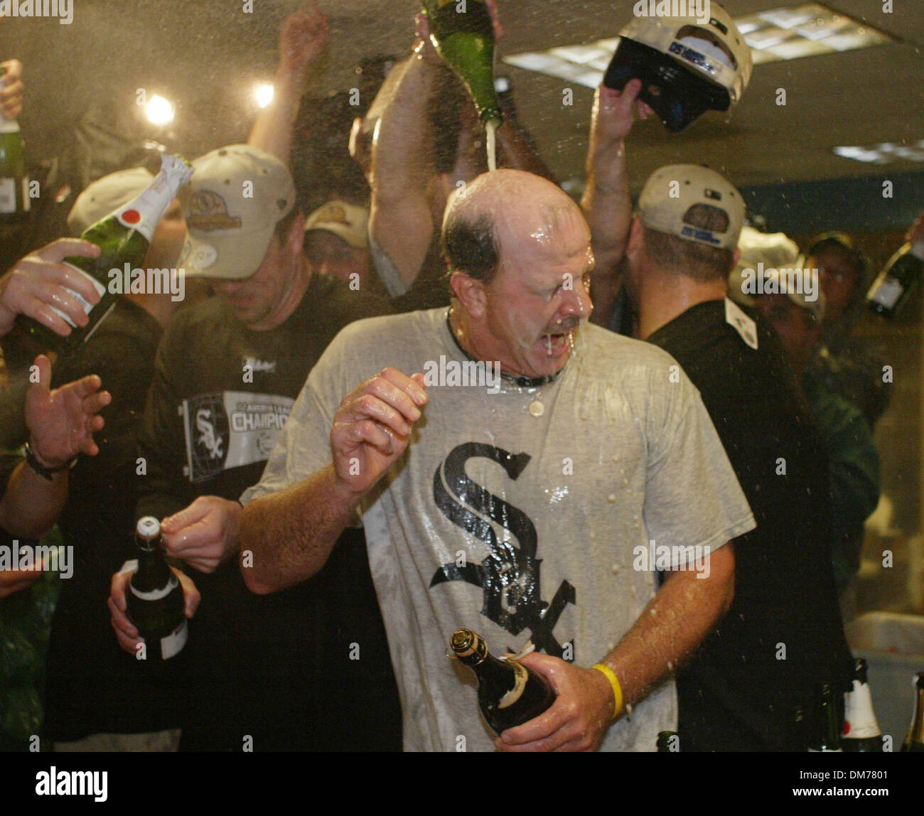 16. Oktober 2005; Anaheim, CA, USA; Nach das endgültige aus gegen die Los Angeles Angels feiern die Chicago White Sox in der American League Championship Series im Engel Stadium in Anaheim, CA. Die White Sox besiegt die Engel 6-3. Obligatorische Credit: Foto von Armando Arorizo/ZUMA Press. (©) Copyright 2005 von Armando Arorizo Stockfoto