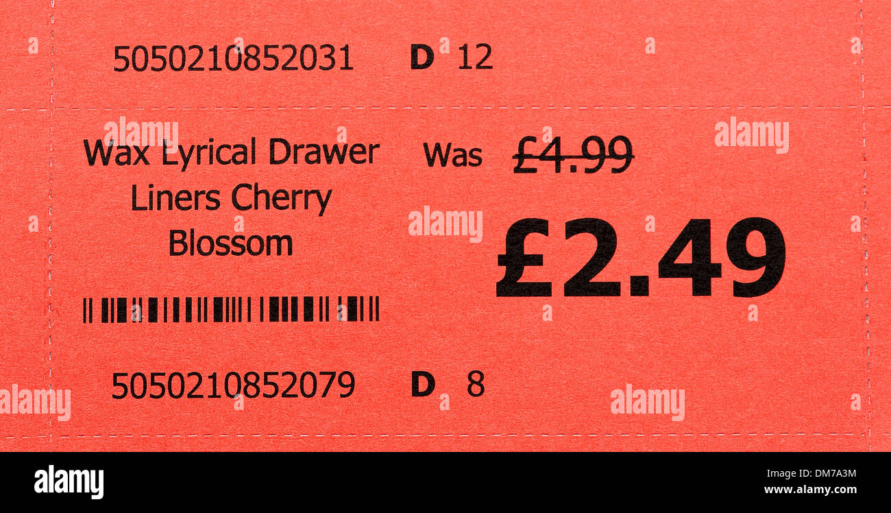 Retail Edge Regaletiketten zeigen eine war und jetzt Preissenkungen Stockfoto