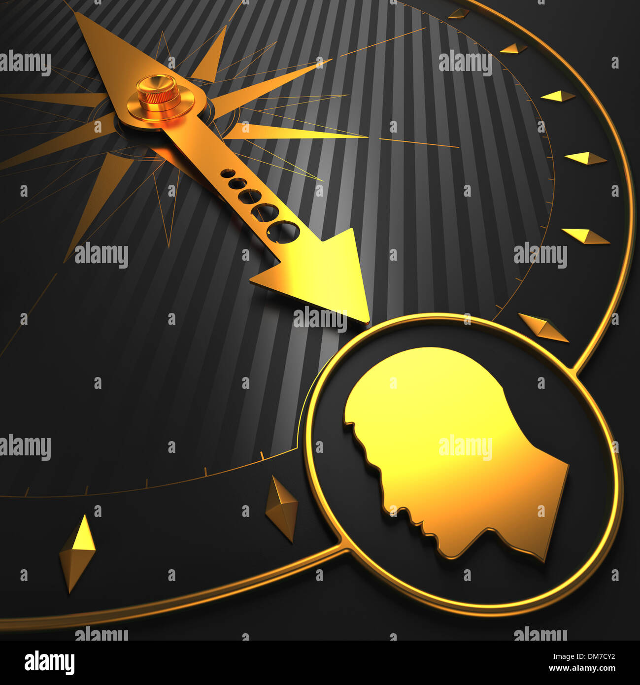 Ein menschlicher Kopf-Symbol auf goldene Kompass. Stockfoto