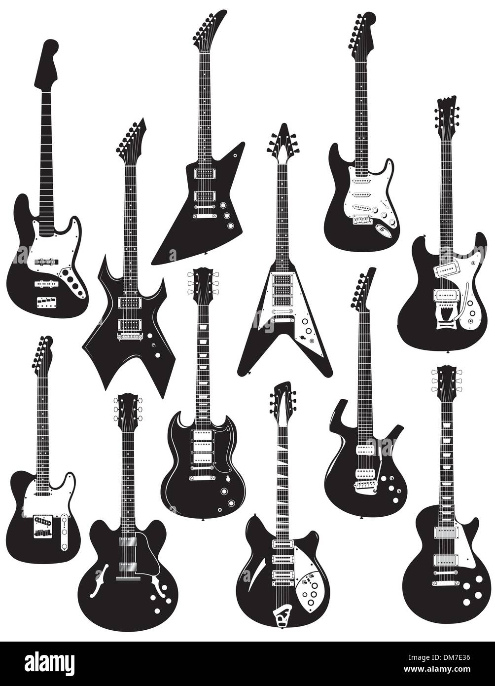 Eine Reihe von zwölf präzise gezeichnete e-Gitarren Stock Vektor