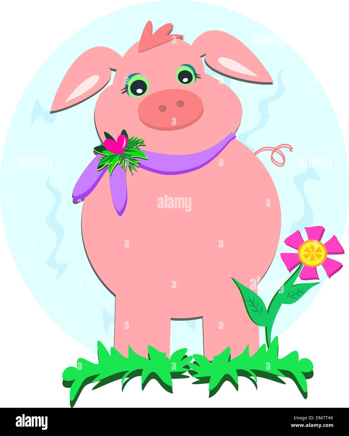 Rosa Schwein in einem Blumengarten Stock Vektor