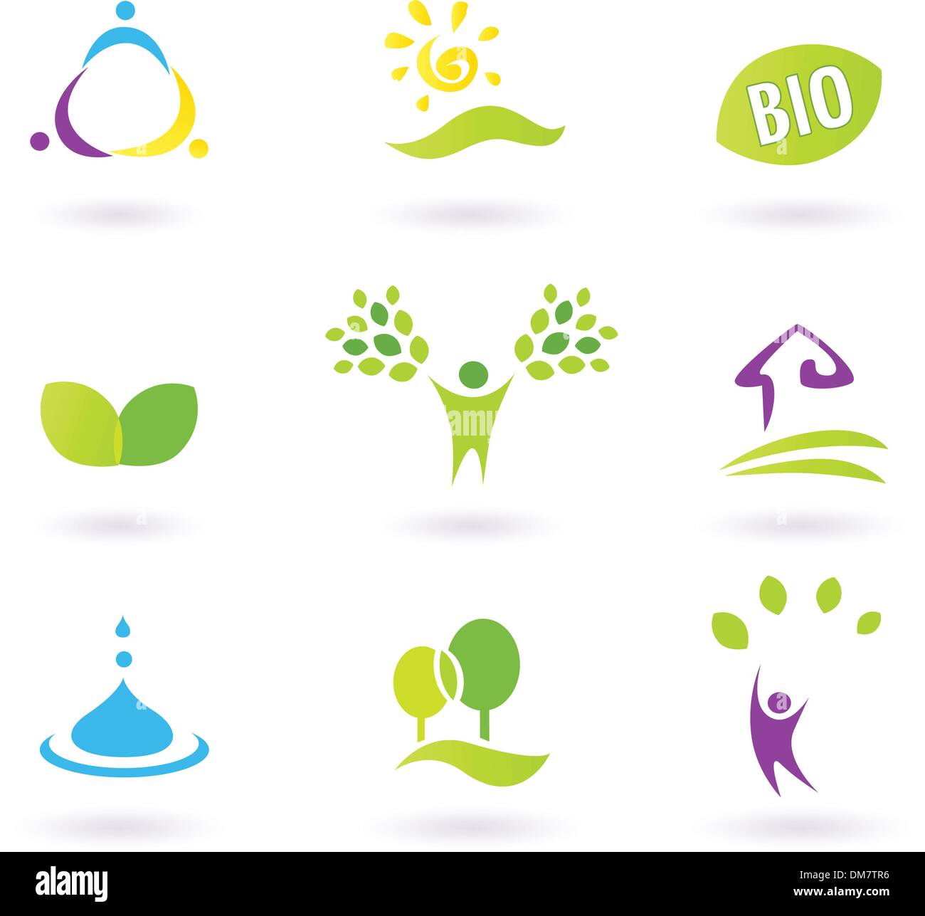 Ökologie & Menschen Natur freundlich BIO Icons Set - grün, gelb, Magenta Stock Vektor