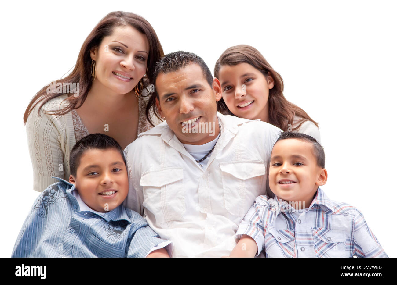 Glücklich attraktive hispanische Familienporträt isoliert auf einem weißen Hintergrund. Stockfoto