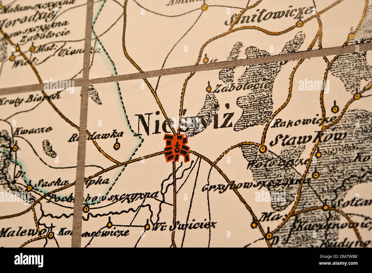 Eine alte Karte mit ihrem Neswizh gekennzeichnet. Radziwill Burg. Stockfoto