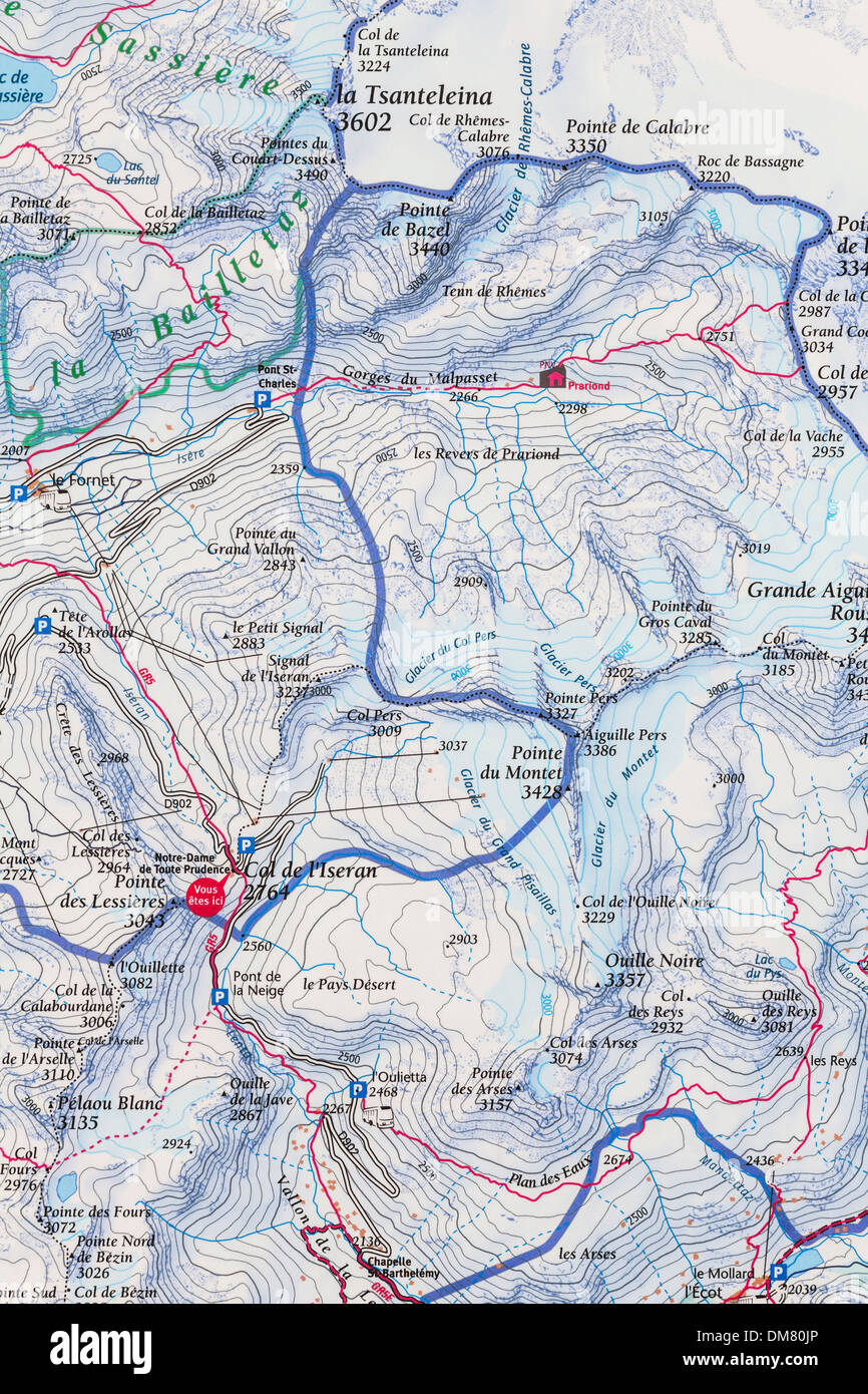 Col d'Iseran topographische Karte, kalte d'Iseran, Savoie, Frankreich. Stockfoto