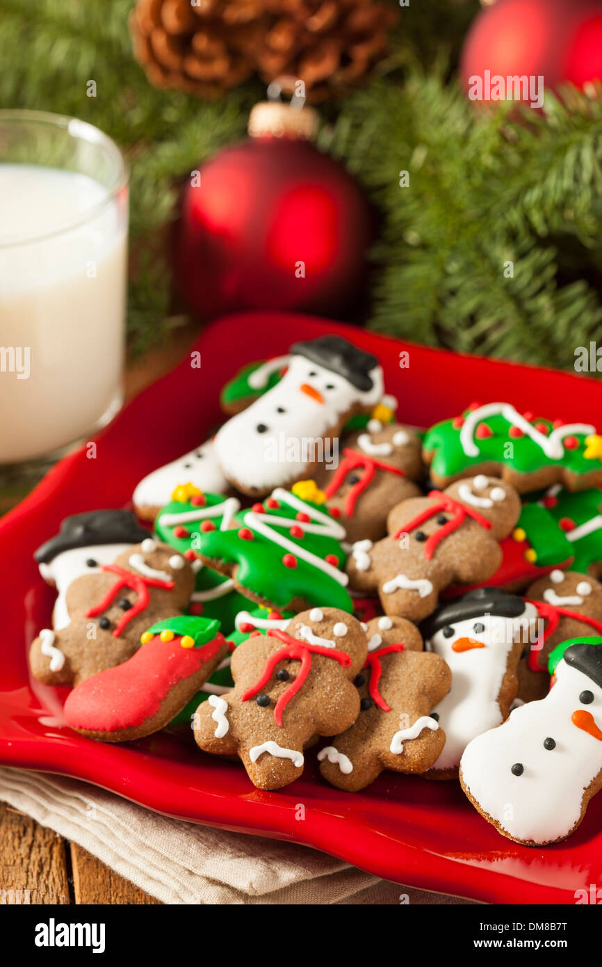 Traditionellen Iced Lebkuchen Weihnachtsplätzchen mit Bäumen und Schneemänner Stockfoto