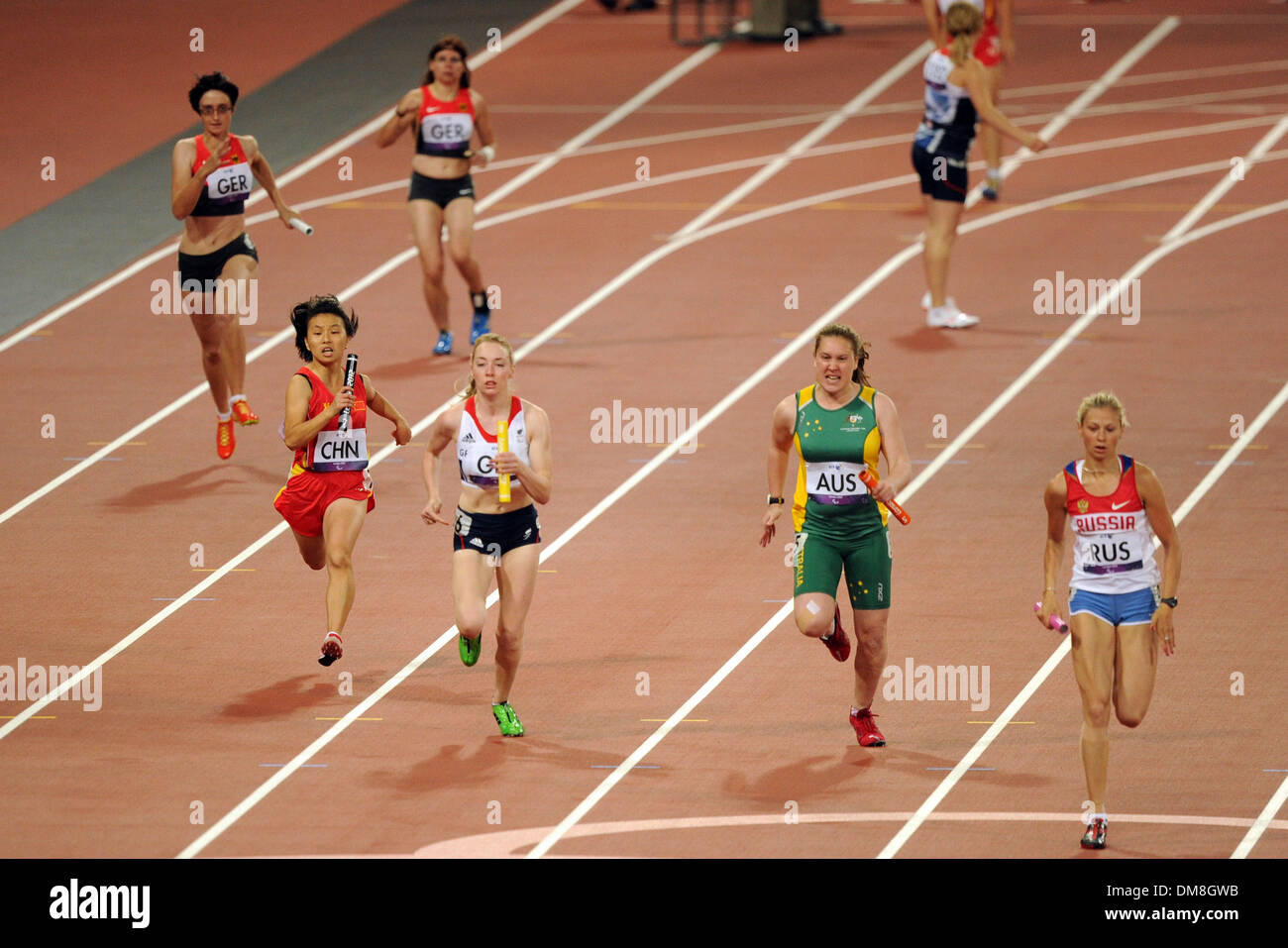 Team (GBR) gewinnt Bronze Frauen 4 x 100 m Staffel Finale T35-38 während Tag 5 der Paralympics aus Olympia Stadion London England - Stockfoto